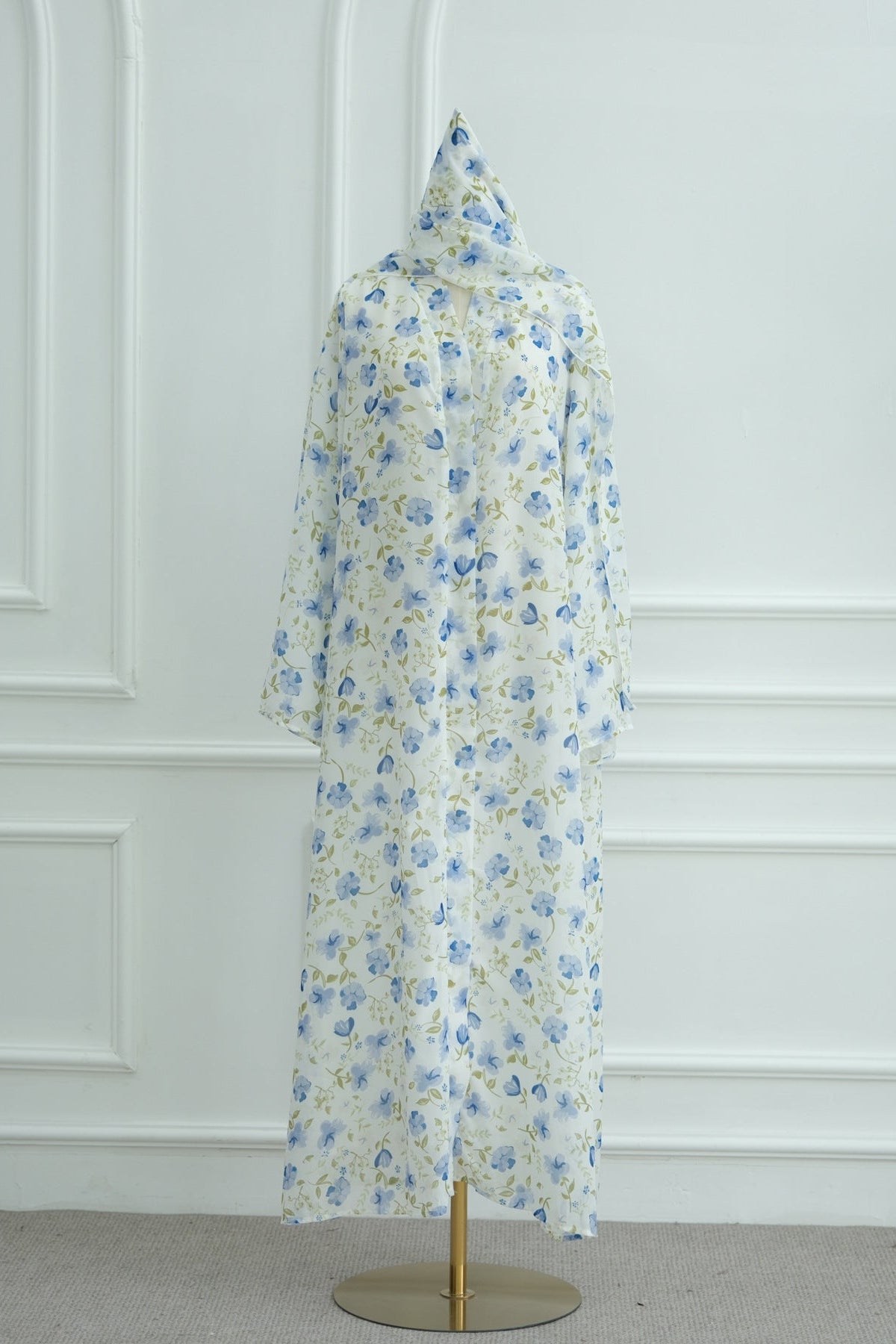 Salma Printed Double-Layer Chiffon Open Abaya with Hijab 1067-Blue