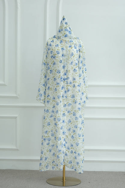Salma Printed Double-Layer Chiffon Open Abaya with Hijab 1067-Blue