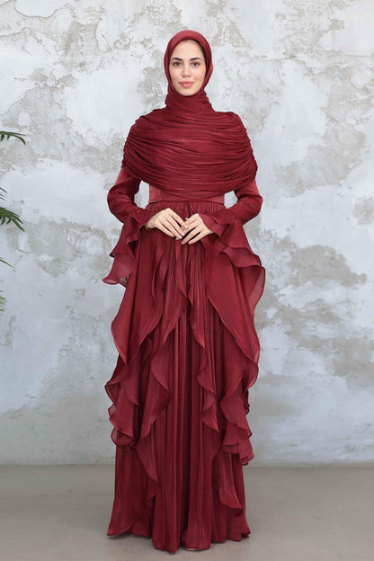 Rania Double-Layer Waist-Cinched Dress Without Hijab 1169-Dark Red