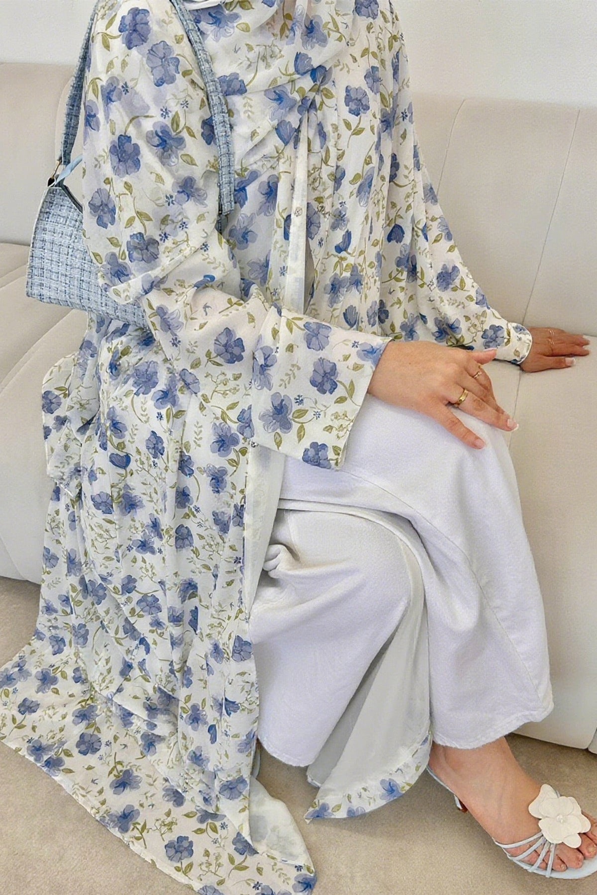 Salma Printed Double-Layer Chiffon Open Abaya with Hijab 1067-Blue