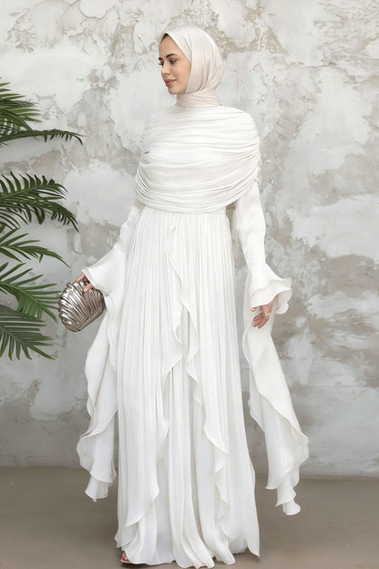 Rania Double-Layer Waist-Cinched Dress Without Hijab 1169-White