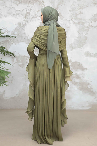 Rania Double-Layer Waist-Cinched Dress Without Hijab 1169-Army Green