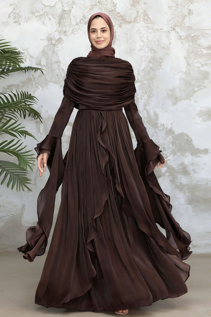 Rania Double-Layer Waist-Cinched Dress Without Hijab 1169-Dark Coffee