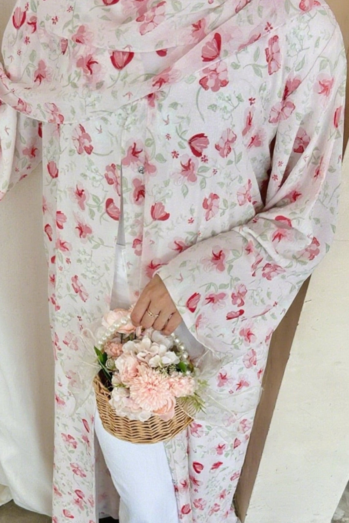 Salma Printed Double-Layer Chiffon Open Abaya with Hijab 1067-Pink