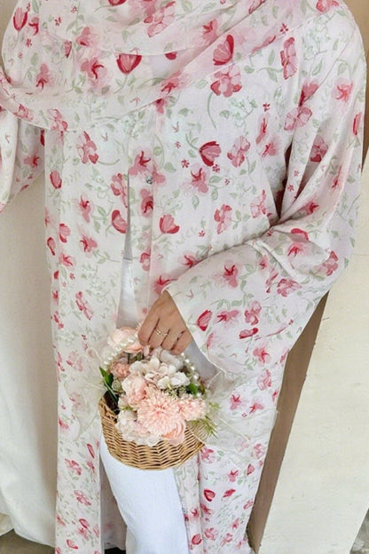 Salma Printed Double-Layer Chiffon Open Abaya with Hijab 1067-Pink