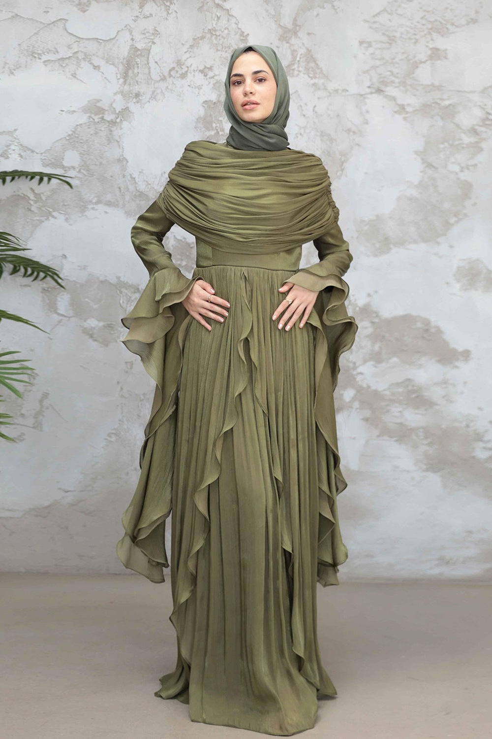 Rania Double-Layer Waist-Cinched Dress Without Hijab 1169-Army Green