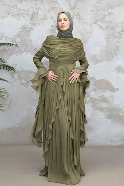 Rania Double-Layer Waist-Cinched Dress Without Hijab 1169-Army Green
