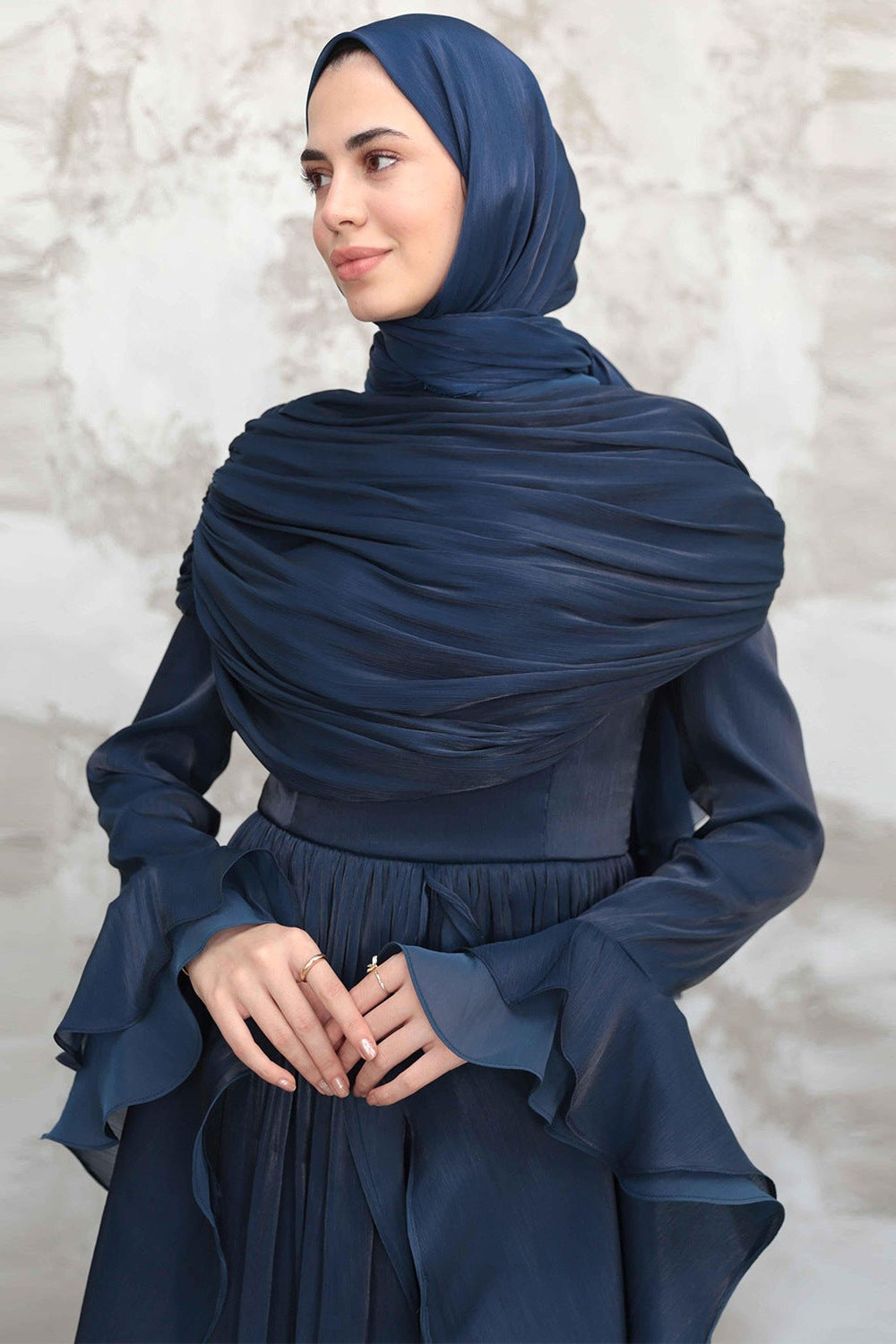 Rania Double-Layer Waist-Cinched Dress Without Hijab 1169-Dark Blue