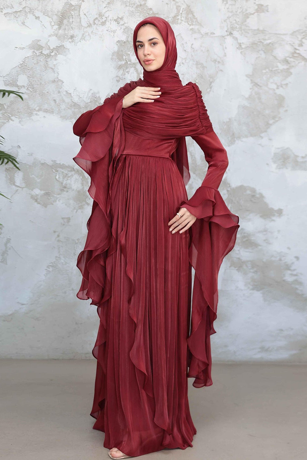 Rania Double-Layer Waist-Cinched Dress Without Hijab 1169-Dark Red