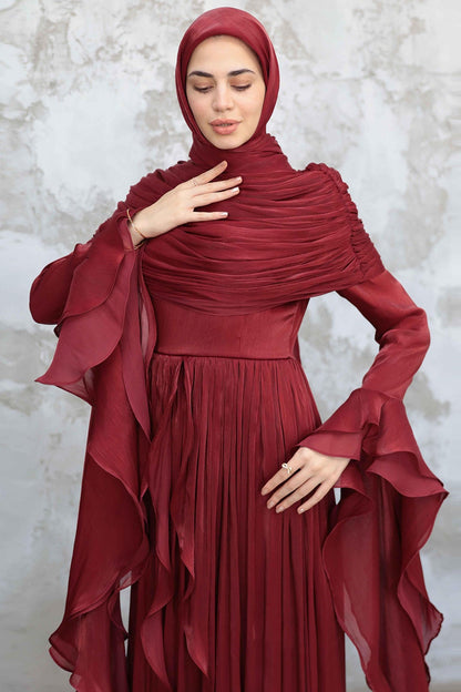 Rania Double-Layer Waist-Cinched Dress Without Hijab 1169-Dark Red