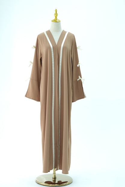 Elara Bow Tie Open Abaya 1033- Khaki