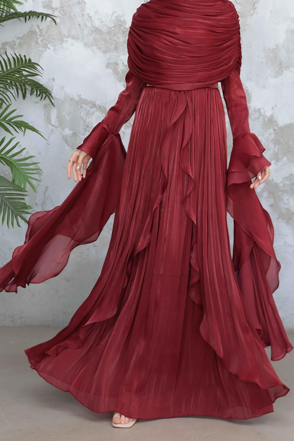 Rania Double-Layer Waist-Cinched Dress Without Hijab 1169-Dark Red