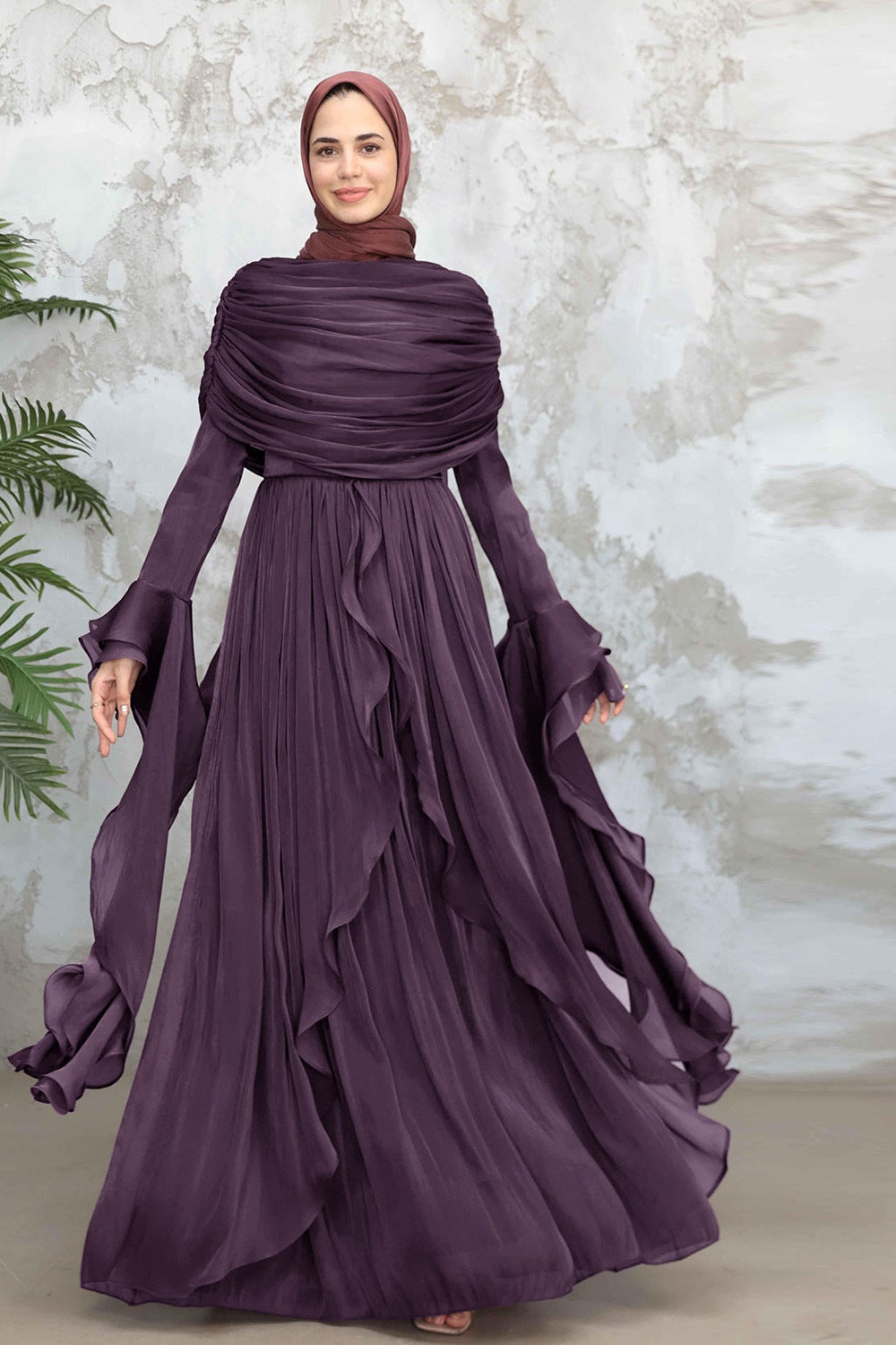 Rania Double-Layer Waist-Cinched Dress Without Hijab 1169-Dark Purple