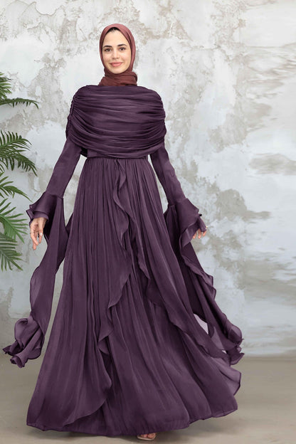 Rania Double-Layer Waist-Cinched Dress Without Hijab 1169-Dark Purple