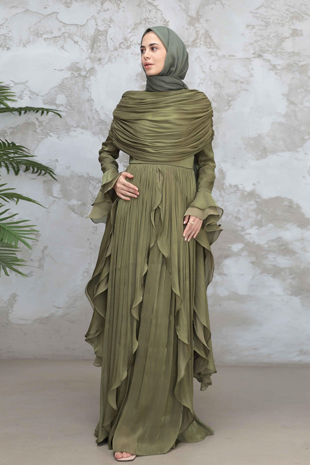 Rania Double-Layer Waist-Cinched Dress Without Hijab 1169-Army Green