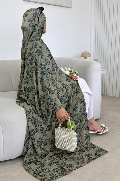 Salma Printed Double-Layer Chiffon Open Abaya with Hijab 1067-Light Green