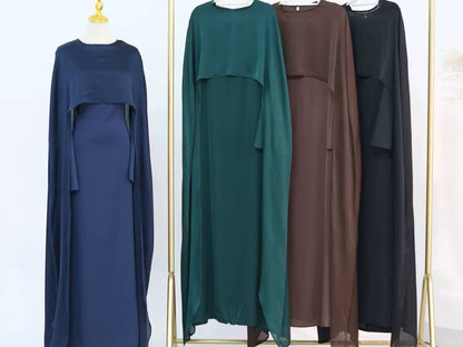 Noura Two-Piece Waist Tie Cape Elegant Abaya Set 860+920 - Dark Green