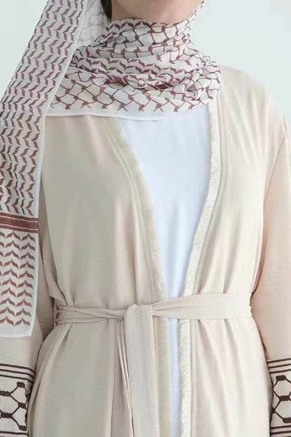 Karina Keffiyeh Inspired Fringed Peace Dove Pattern Embroidery Modest Open Abaya with belt 763 - Beige