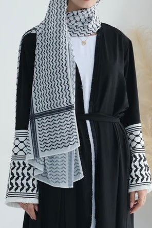 Karina Keffiyeh Inspired Fringed Peace Dove Pattern Embroidery Modest Open Abaya with belt 763 - Black