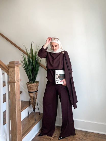 Samar 2-Piece Modest Matching Top + Pants Set 1034 - Coffee