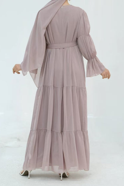Jumana Chiffon Elastic Cuff  Open Abaya Set 866+867 - Taro