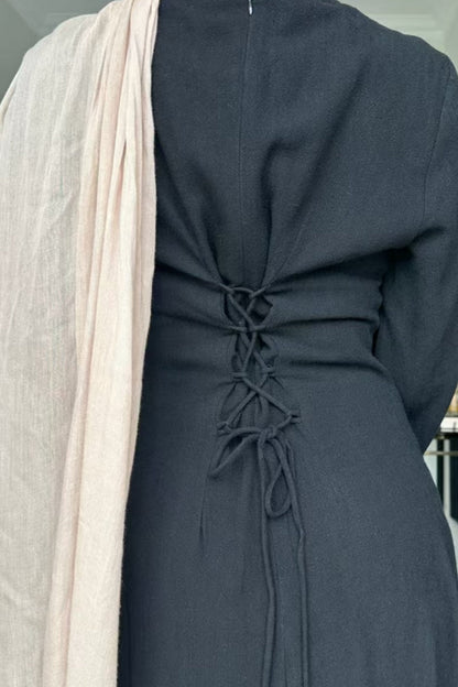 Isabella Back Tie Linen Maxi Dress Abaya 941 - Black