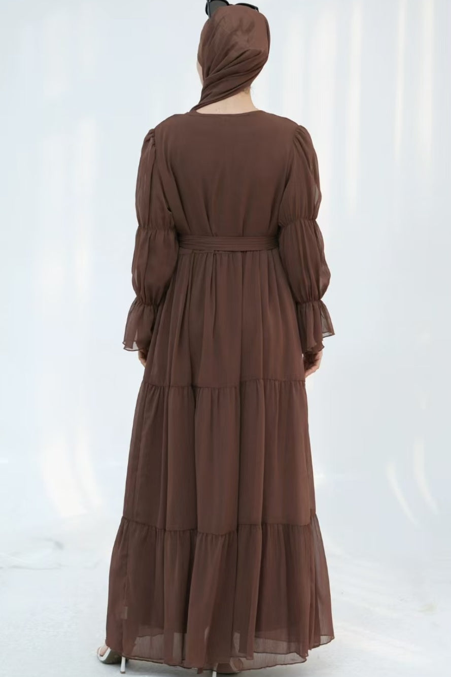 Jumana Chiffon Elastic Cuff  Open Abaya Set 866+867 - Coffee
