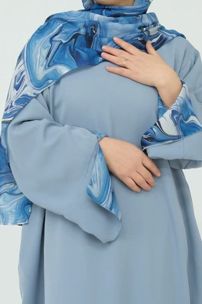 Amira Printed Casual Abaya with Hijab 942 -Blue