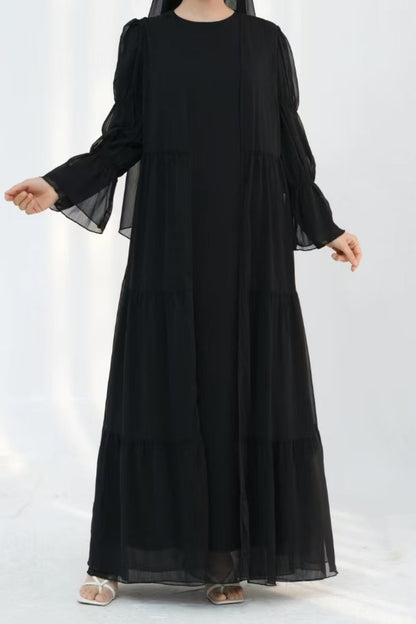 Jumana Chiffon Elastic Cuff  Open Abaya Set 866+867 - Black