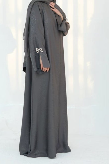 Sofia Elegant Jacquard Abaya with Rhinestone Bow Cuff Decoration 006 - Grey