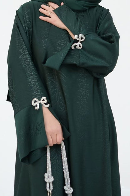 Sofia Elegant Jacquard Abaya with Rhinestone Bow Cuff Decoration 006 - Green