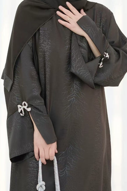 Sofia Elegant Jacquard Abaya with Rhinestone Bow Cuff Decoration 006 - Coffee