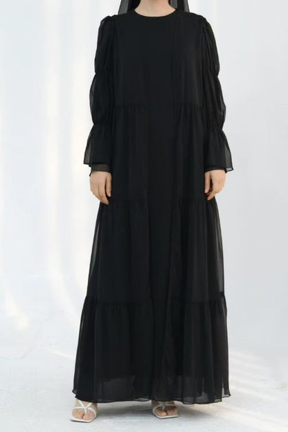 Jumana Chiffon Elastic Cuff  Open Abaya Set 866+867 - Black