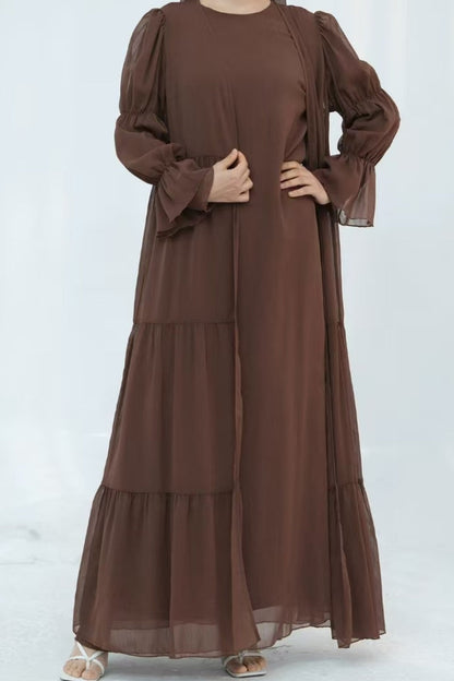 Jumana Chiffon Elastic Cuff  Open Abaya Set 866+867 - Coffee