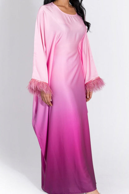 MAYA Feather-Embellished Gradient Kaftan Batwing Abaya 811 - Pink