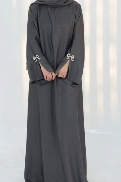 Sofia Elegant Jacquard Abaya with Rhinestone Bow Cuff Decoration 006 - Grey