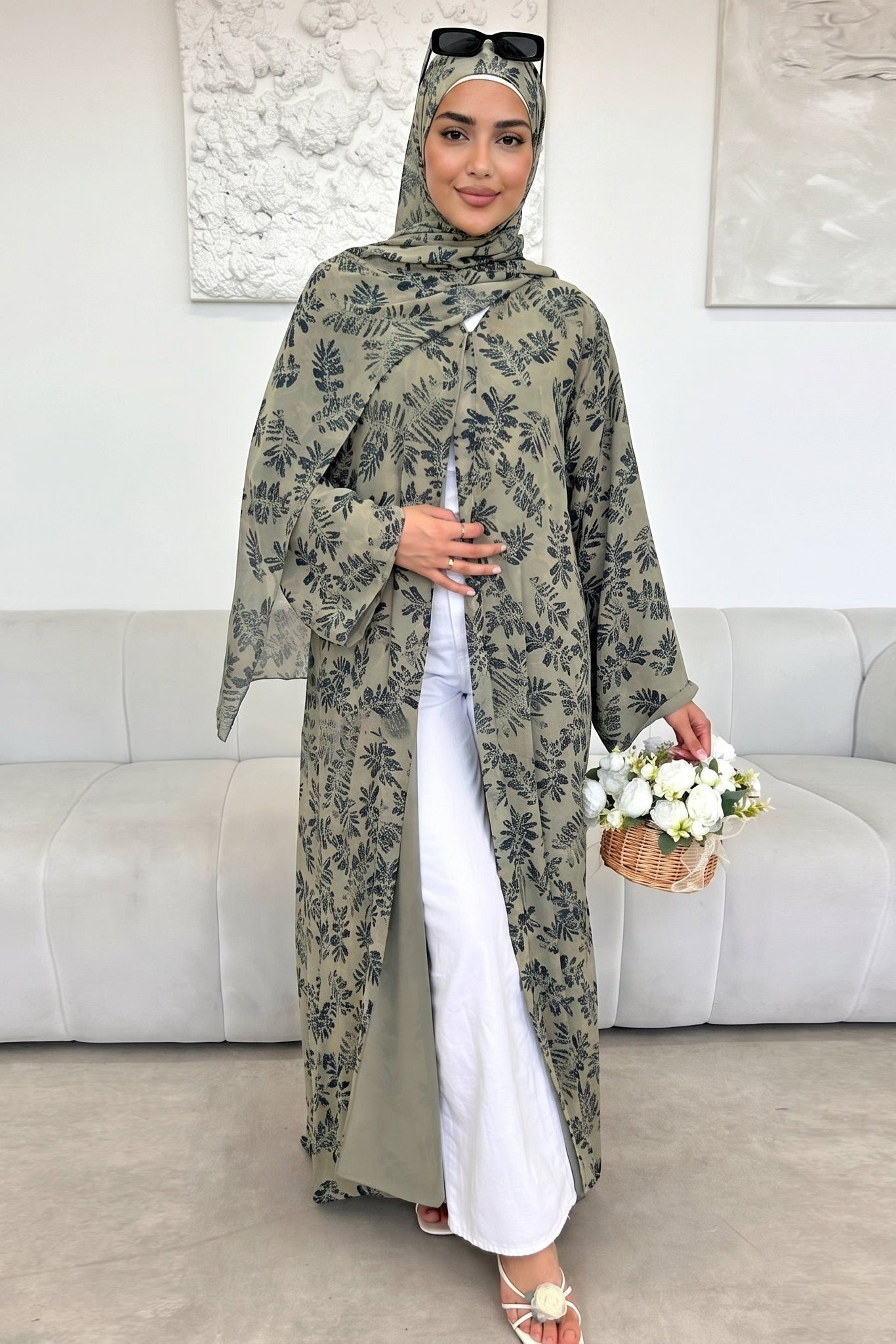 Salma Printed Double-Layer Chiffon Open Abaya with Hijab 1067-Light Green