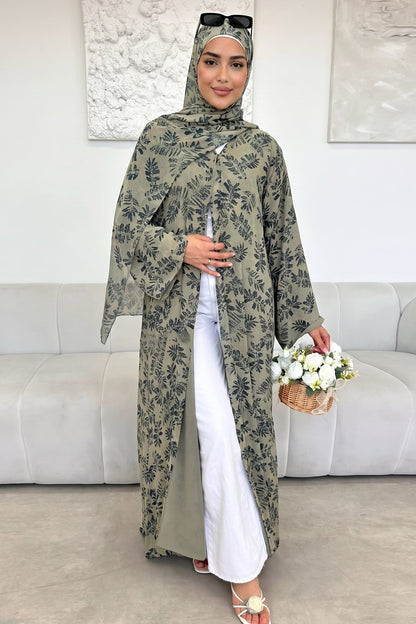 Salma Printed Double-Layer Chiffon Open Abaya with Hijab 1067-Light Green