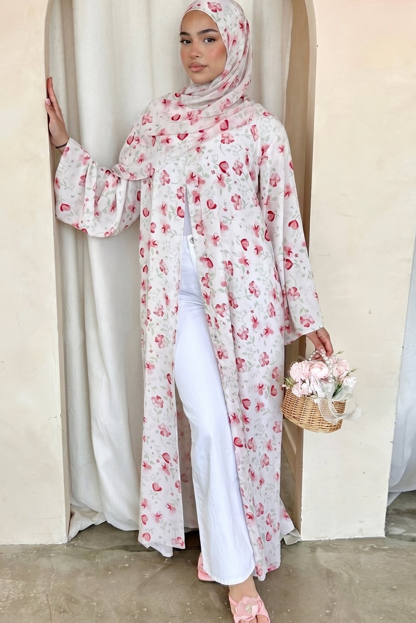 Salma Printed Double-Layer Chiffon Open Abaya with Hijab 1067-Pink